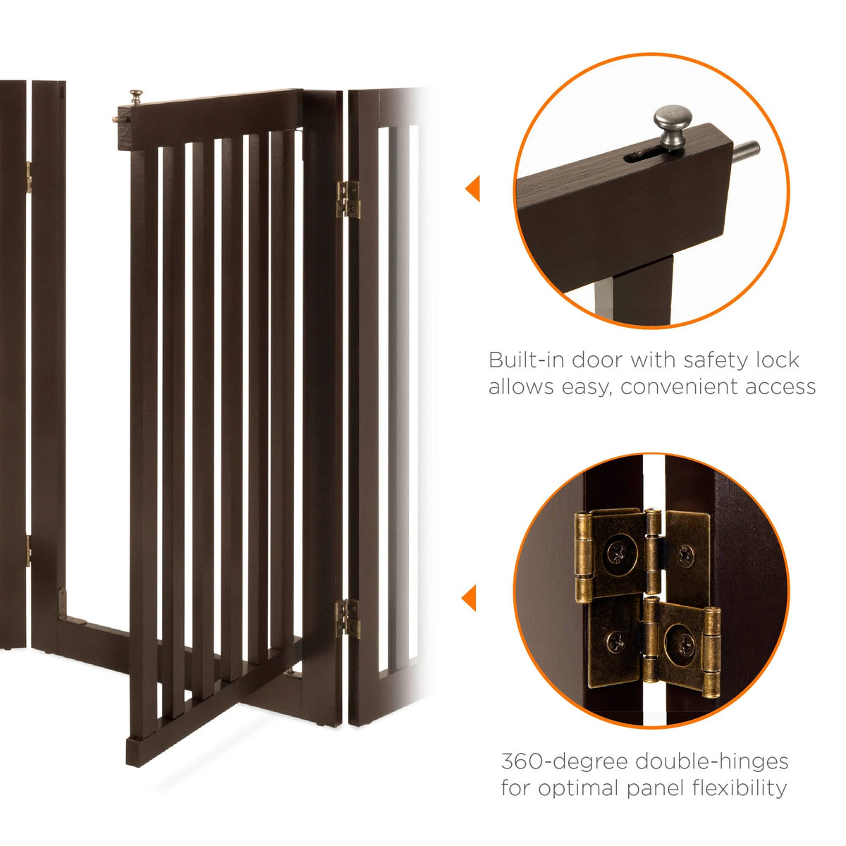 Espresso 4-Panel Freestanding Wooden Pet Gate with Walk Through Door S84487