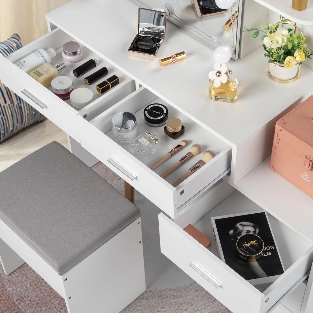 Modern Vanity Table Set with Lighted Mirror, 5 Drawer White A612