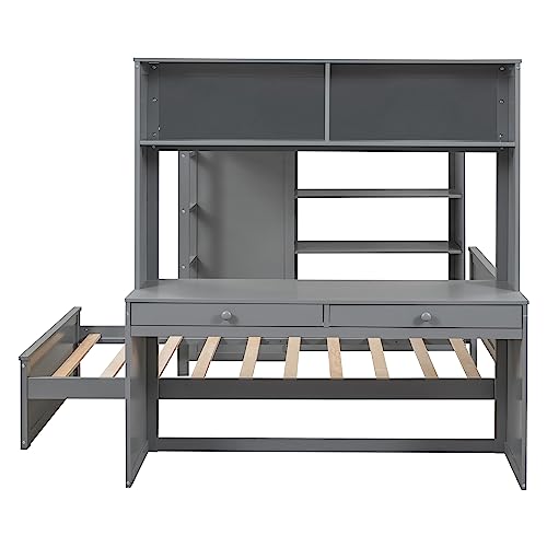 Twin Size Loft Bed with Built-in Desk & Wardrobes, Wood Bedframe with 4 Drawers & 4 Shelves, Gray I872030