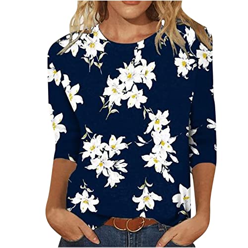 Womens 3/4 Sleeve Ethnic Floral Blouse Slim Fit Crewneck Pullover Tees H353882