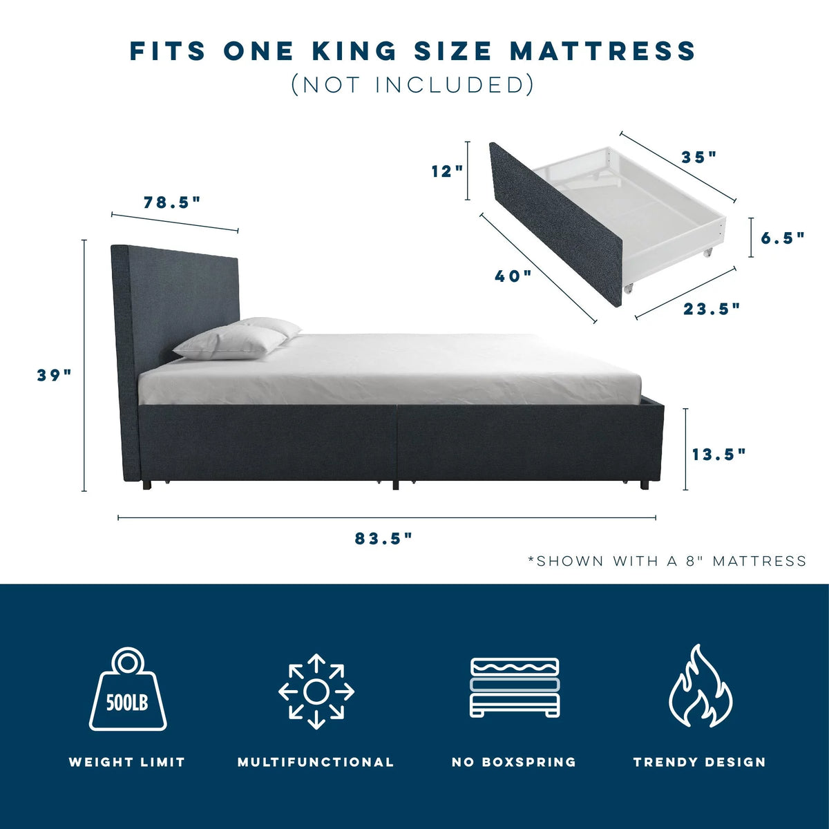 Dark Grey Linen Upholstered Storage Bed Frame P773