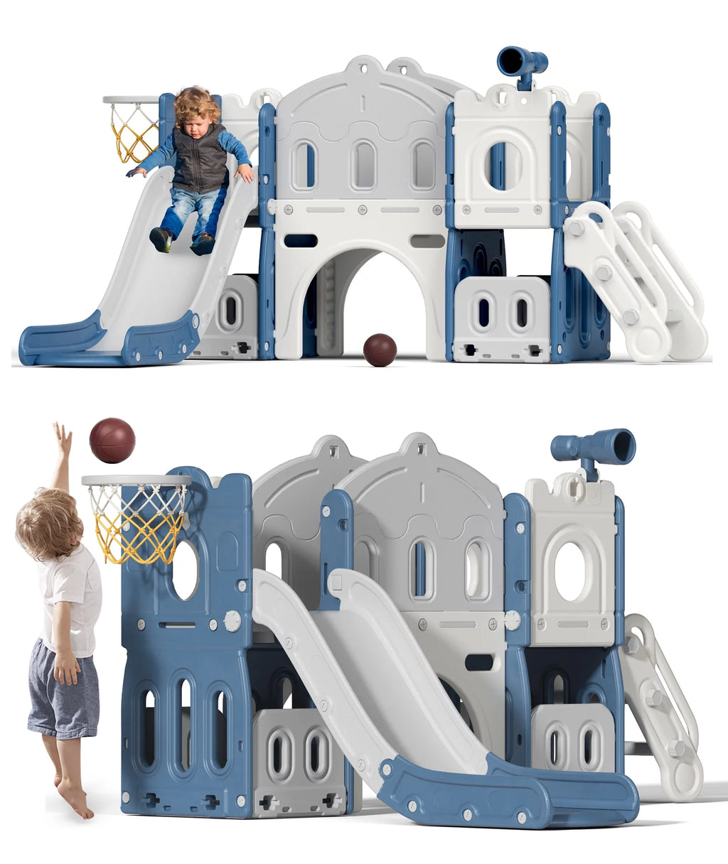 8 in 1 Toddler Slide with Climber, Basketball Hoop, Tunnel and Storage Space Q13256