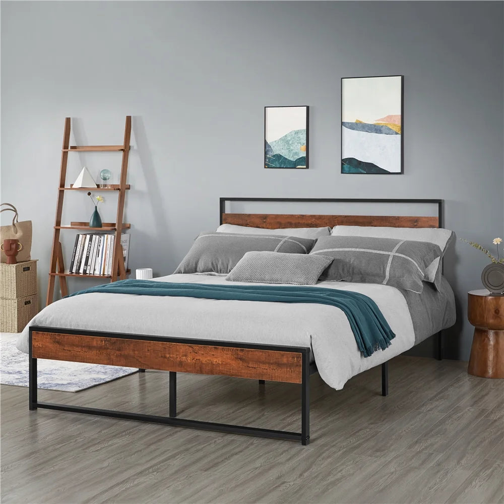 Queen Size Mahogany Metal Platform Bed with Wooden Headboard and Footboard T164
