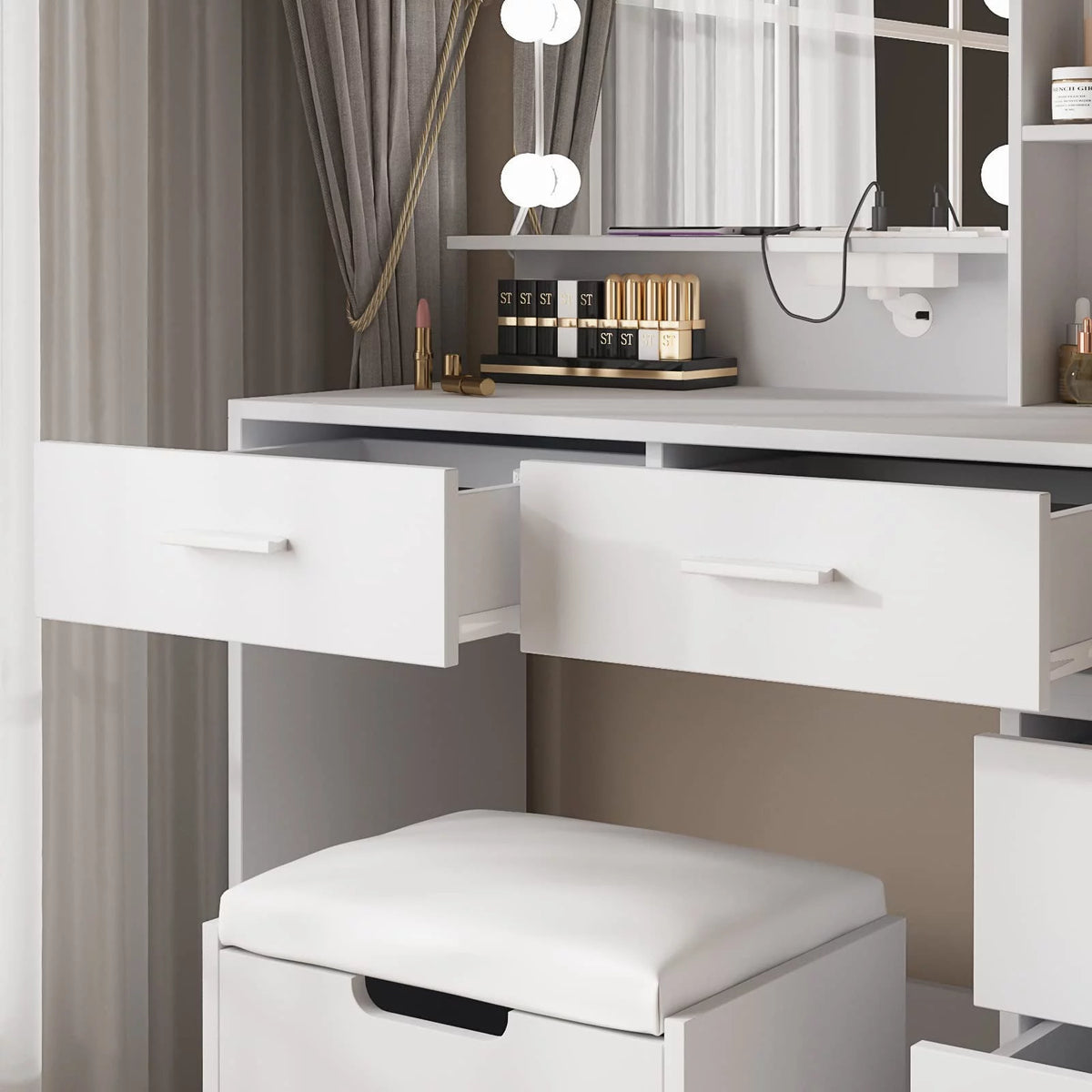 Modern Vanity Table Set with Lighted Mirror, 5 Drawer White A612