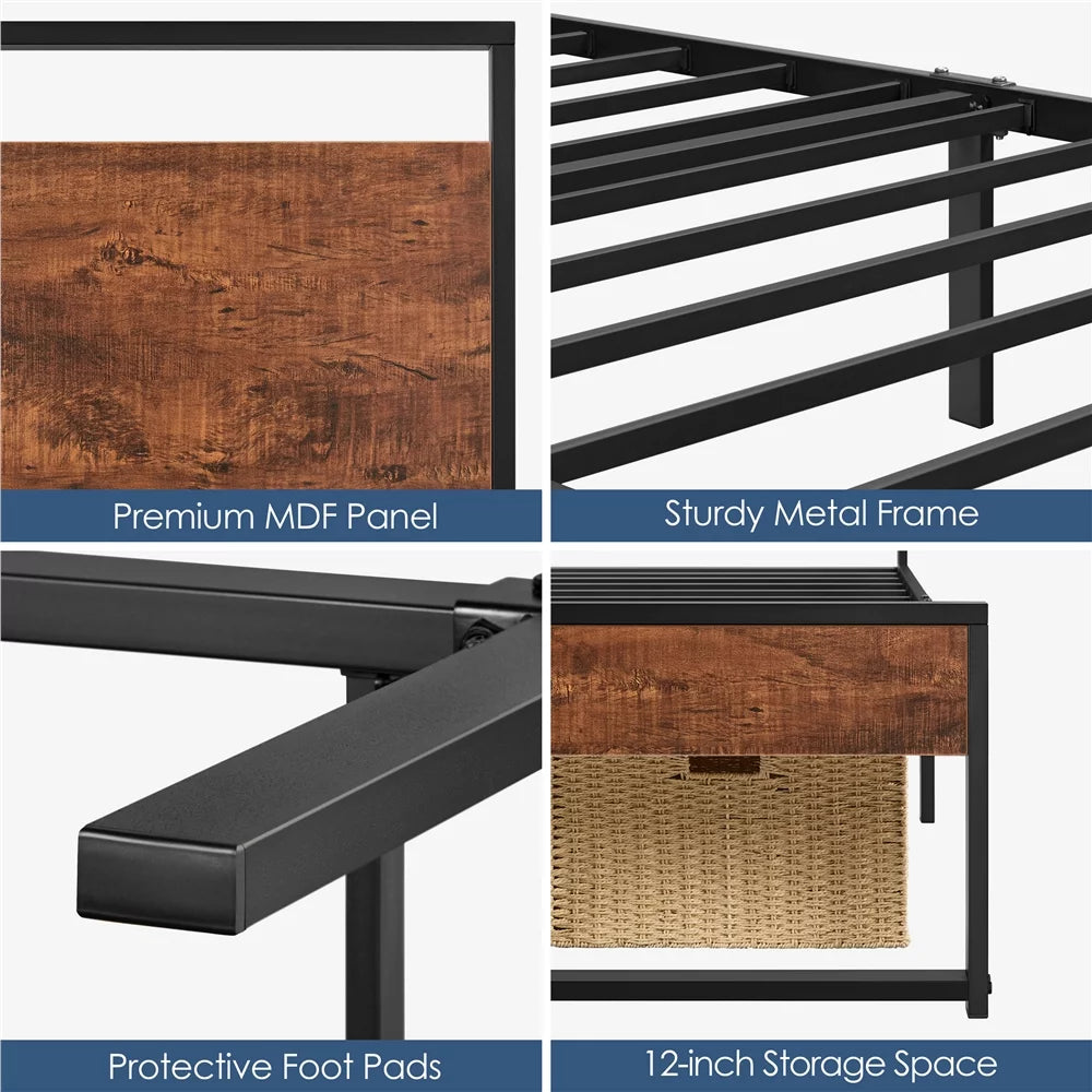 Queen Size Mahogany Metal Platform Bed with Wooden Headboard and Footboard T164