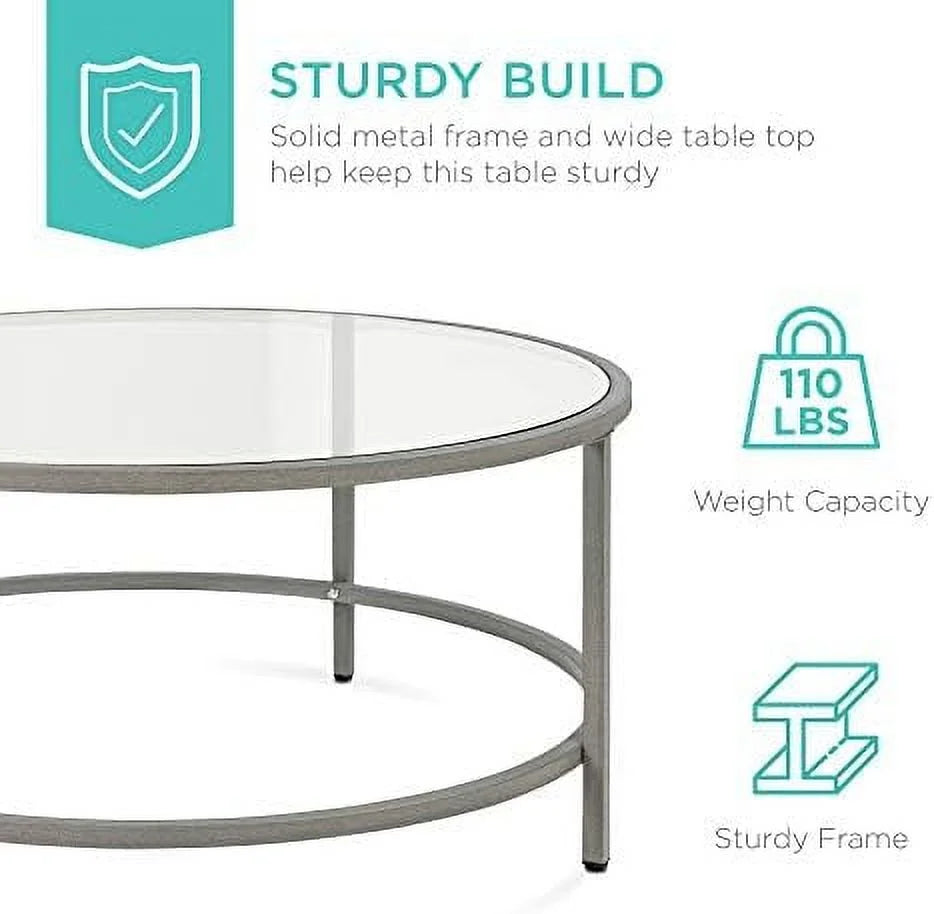 36in Round Tempered Glass Coffee Table with Metal Frame P1868