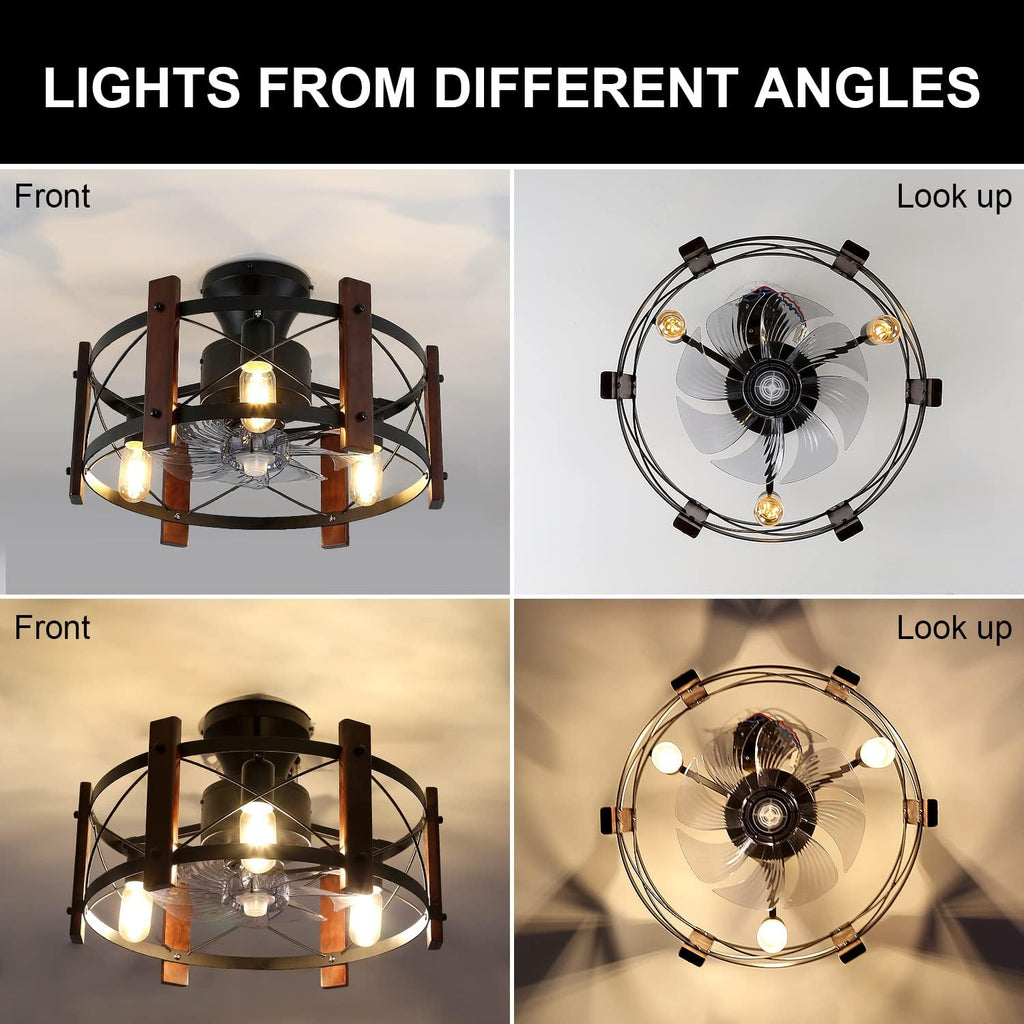 Industrial Ceiling Fan with Light Remote Control Metal Caged Wood Black Enclosed J436420