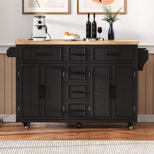 56.5" Rolling Kitchen Island with Drop Leaf, Power Outlet, 4 Doors, 5 Drawers, Black F3016