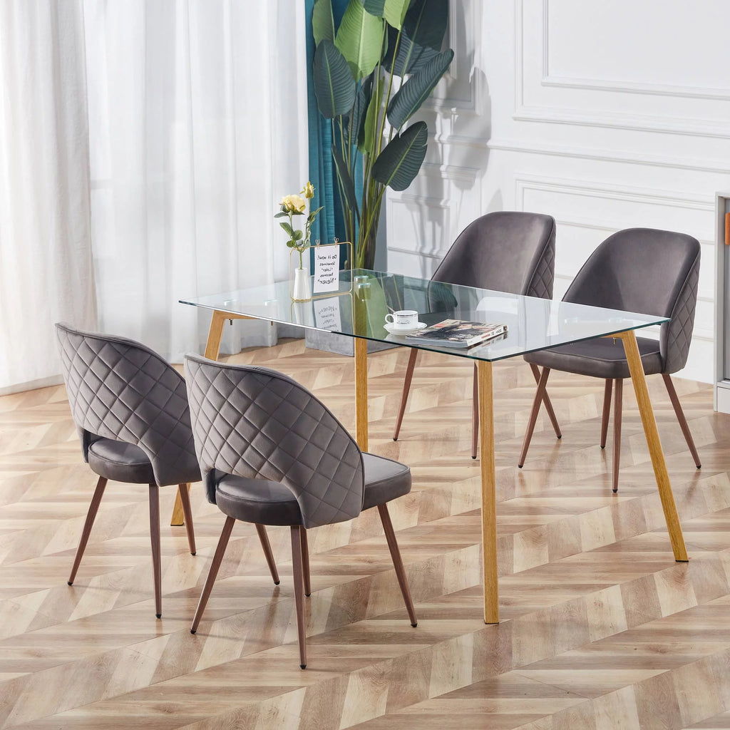 Glass Dining Table Modern Rectangular with Tempered Glass Tabletop and Black Metal Legs R739