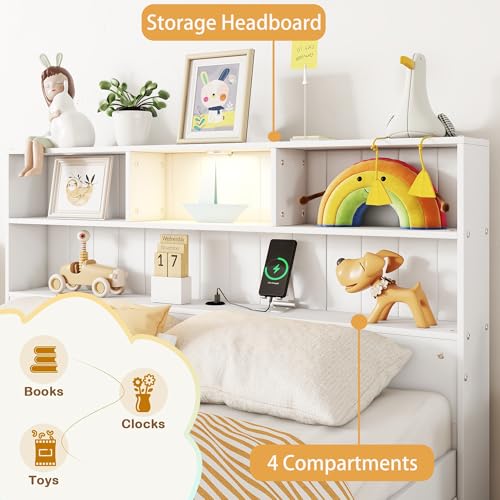 White Twin Size Platform Bed with Bookcase Headboard and 2 Storage Drawers G43032
