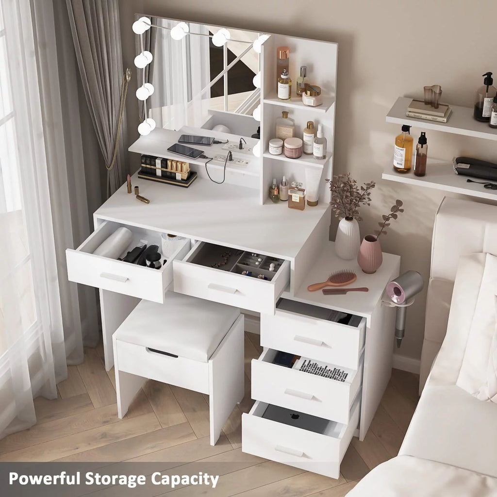 Modern Vanity Table Set with Lighted Mirror, 5 Drawer White A612