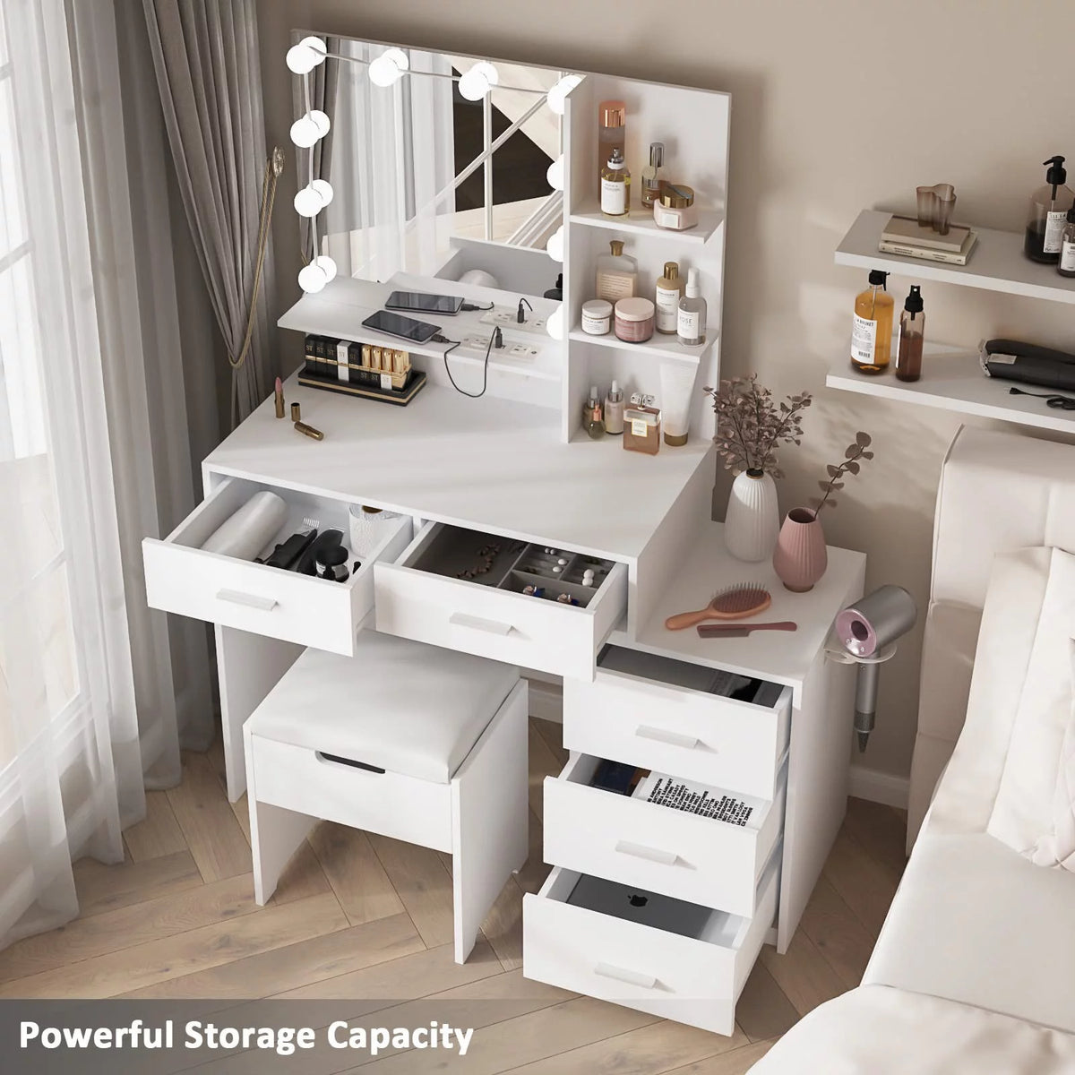 Modern Vanity Table Set with Lighted Mirror, 5 Drawer White A612