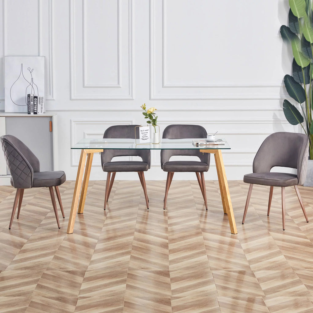 Glass Dining Table Modern Rectangular with Tempered Glass Tabletop and Black Metal Legs R739