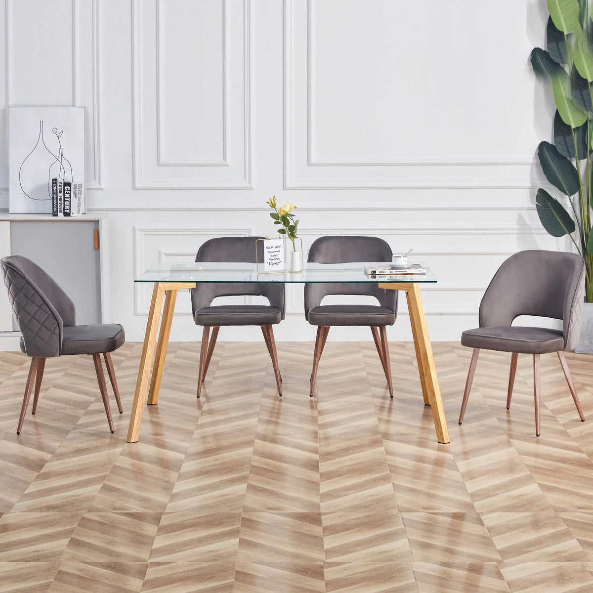 Glass Dining Table Modern Rectangular with Tempered Glass Tabletop and Black Metal Legs R739