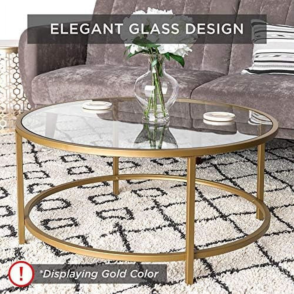 36in Round Tempered Glass Coffee Table with Metal Frame P1868