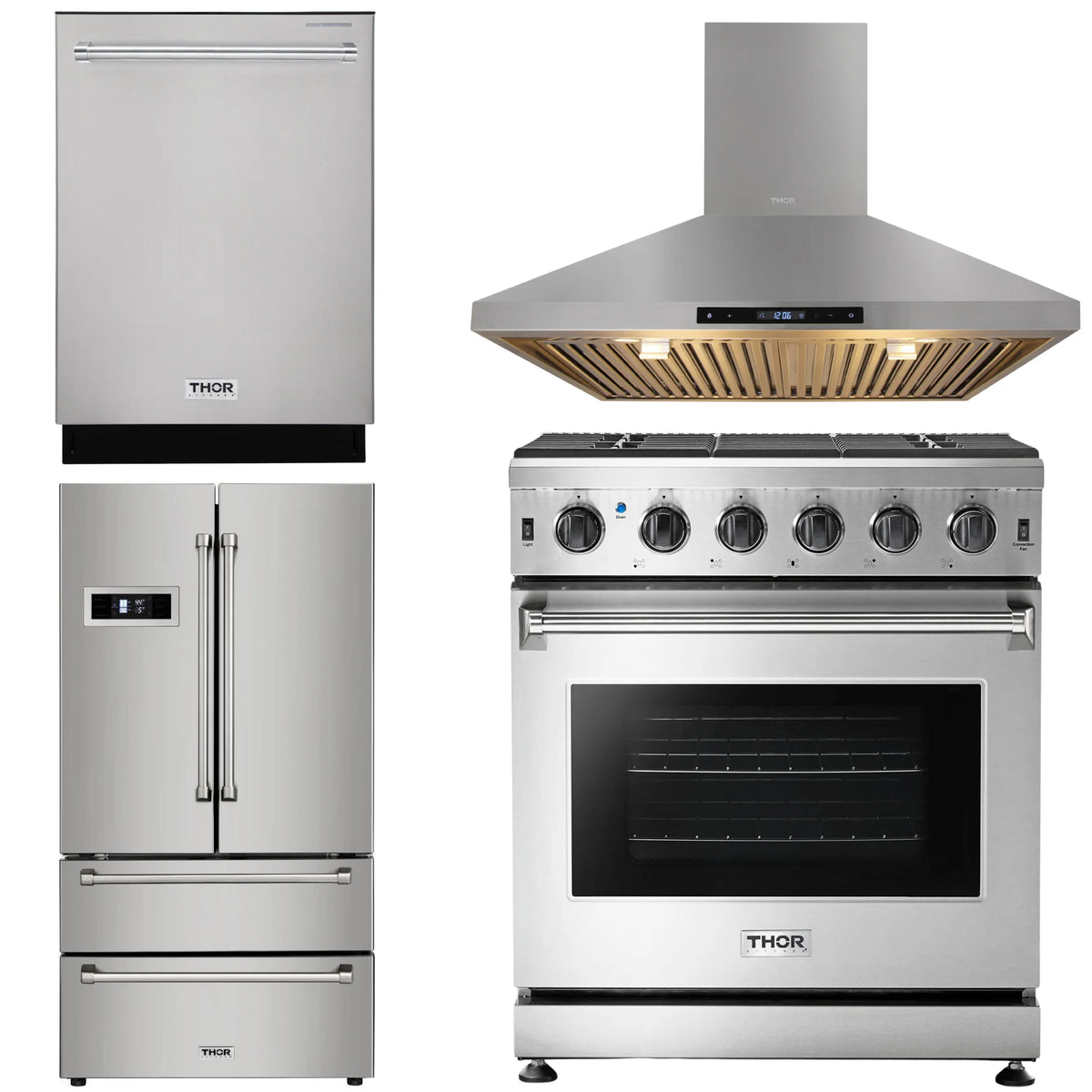 30 in. Natural Gas Range, Range Hood, Refrigerator, Dishwasher V830356
