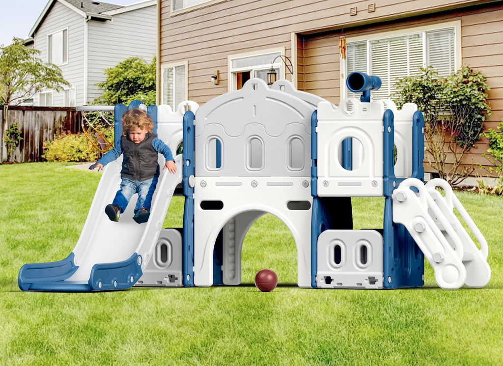 8 in 1 Toddler Slide with Climber, Basketball Hoop, Tunnel and Storage Space Q13256