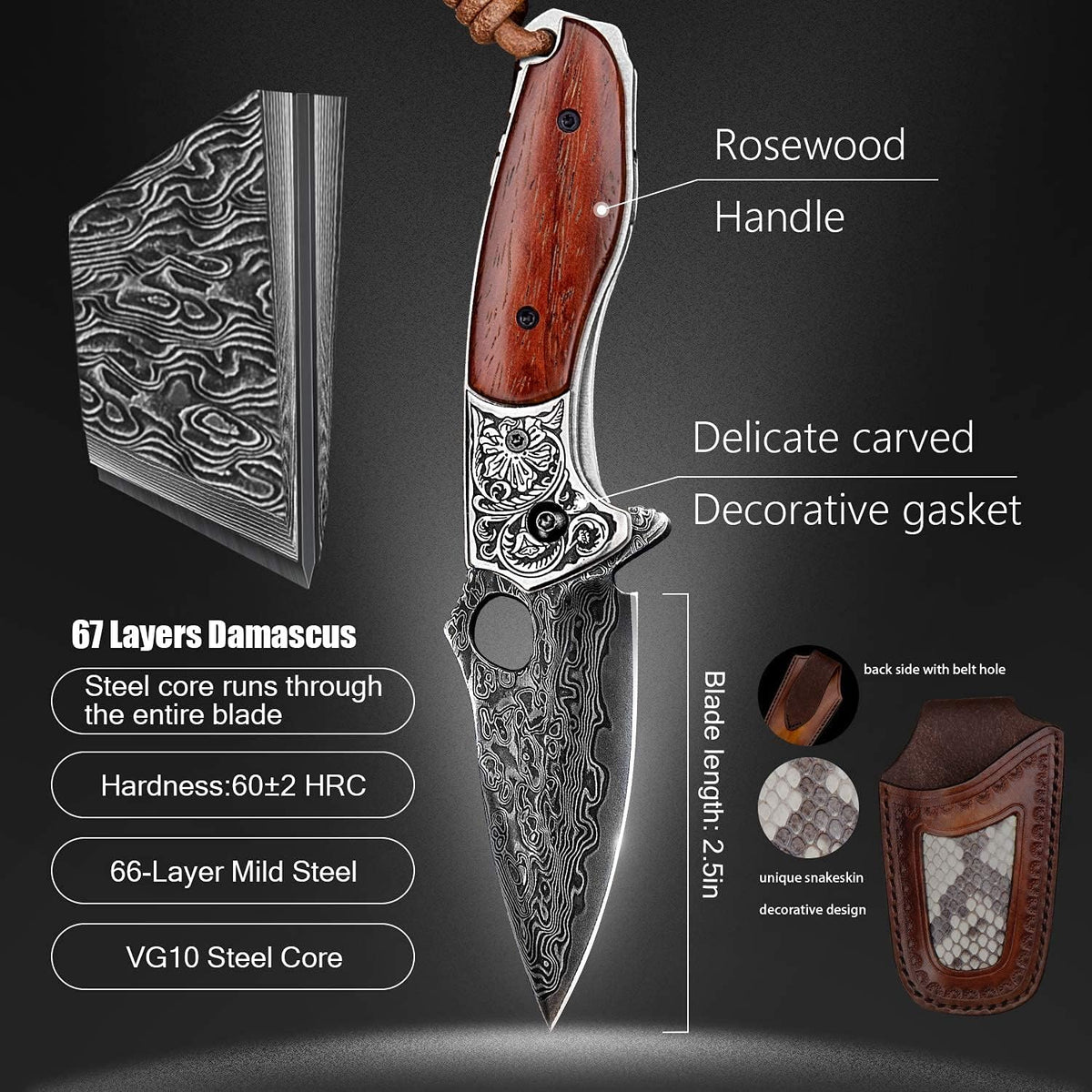 2.5in VG10 Damascus Steel Folding Pocket Knife with Rosewood Handle I8780