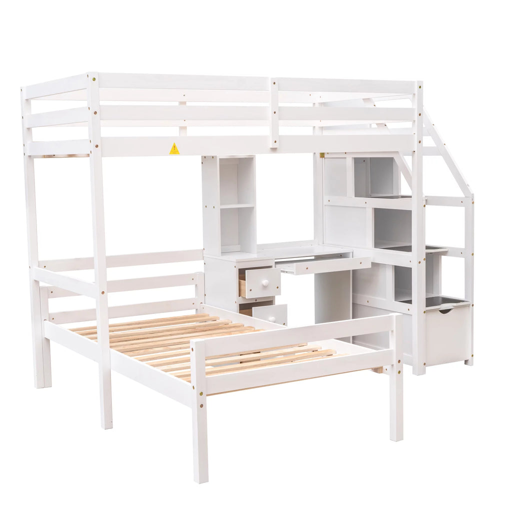 Wood Twin Bunk Loft Bed with Desk, Drawers and Shelf, White P382033