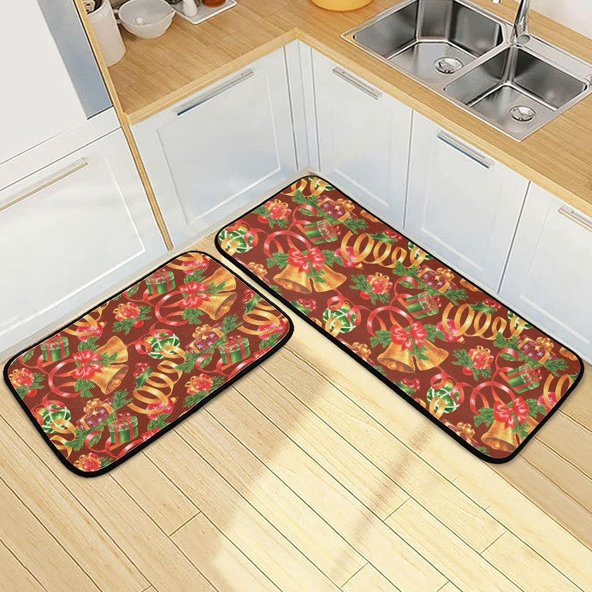 Christmas Jingling Bells Kitchen Mats Set of 2 Anti Fatigue Non Slip Floor Runner Rug 19.7x27.6 Inch + 19.7x47.2 Inch S993777