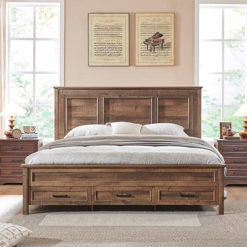 Antique Brown King Size Wood Platform Bed Frame with Headboard and Storage Drawers G326060