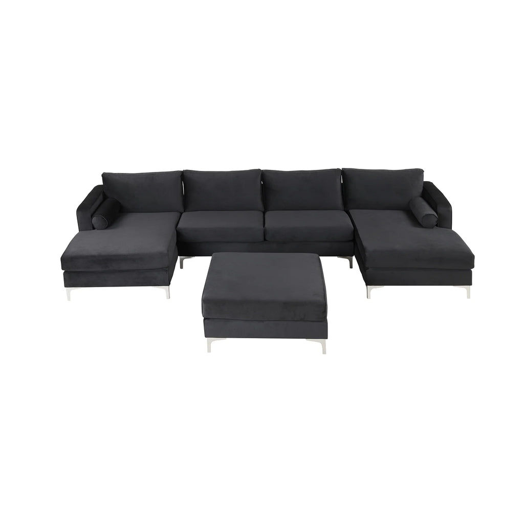 Black Velvet U-Shape Sectional Sofa with Ottoman Y535