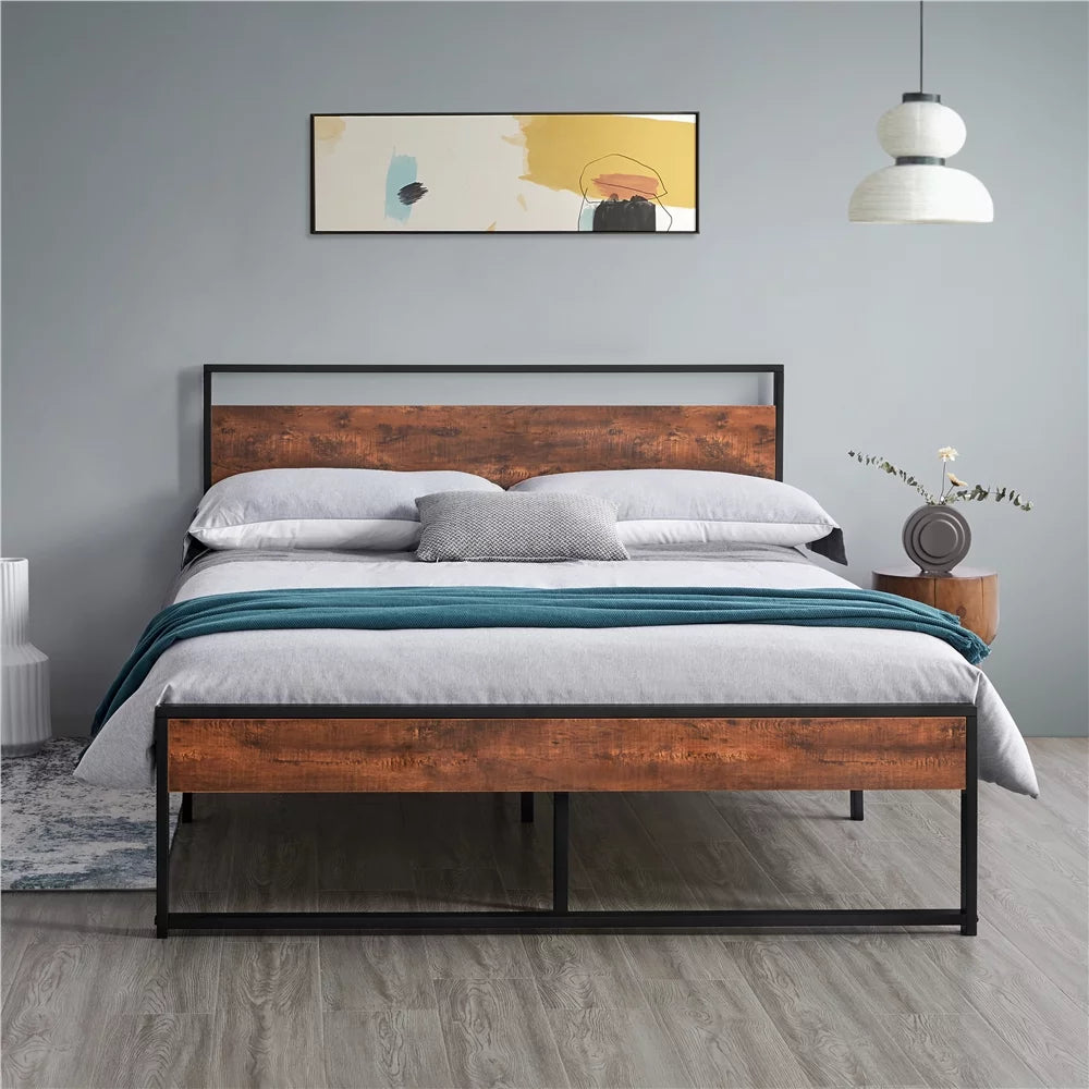 Queen Size Mahogany Metal Platform Bed with Wooden Headboard and Footboard T164