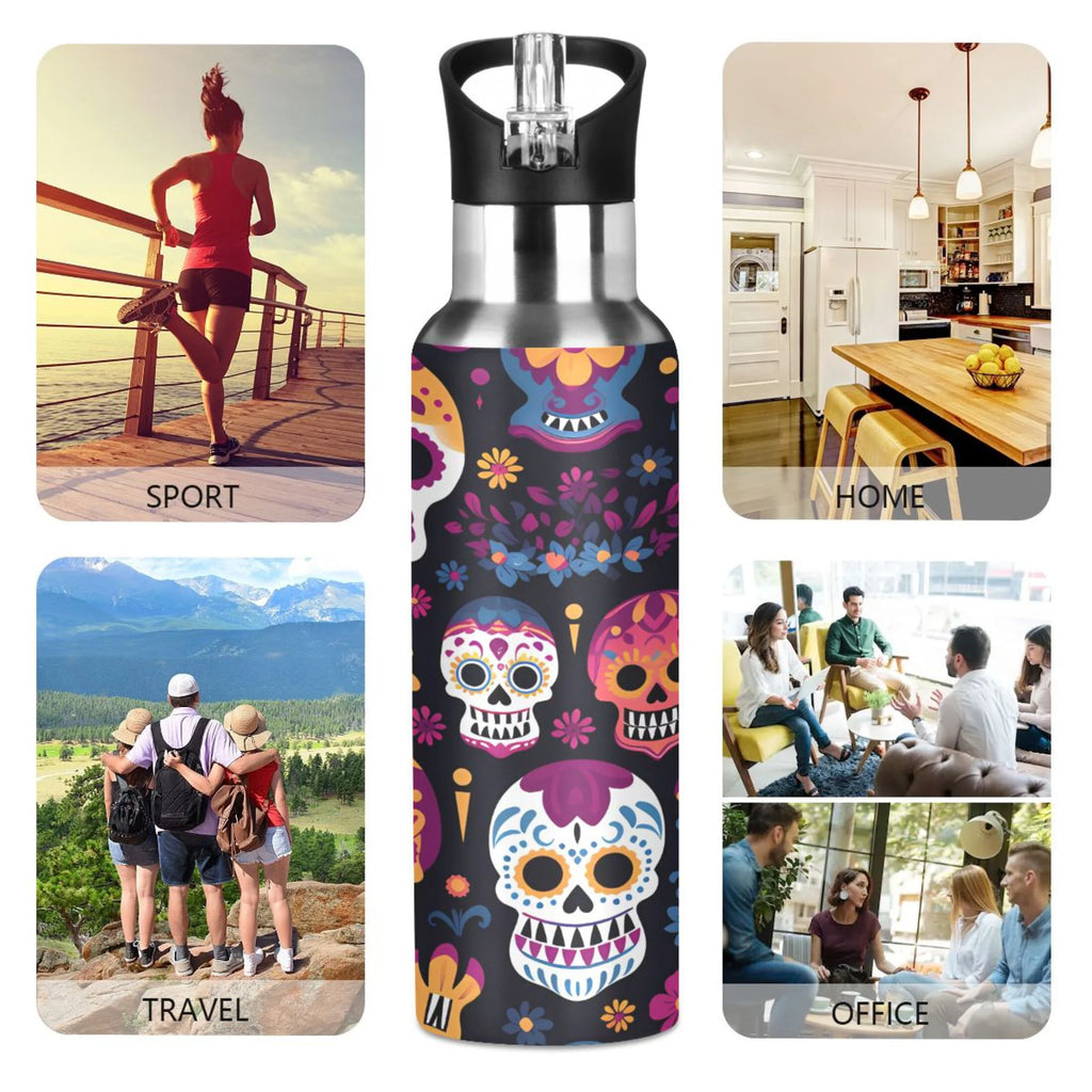 Colorful Skeletons Skulls Stainless Steel Insulated Water Bottle with Straw Lid Q162