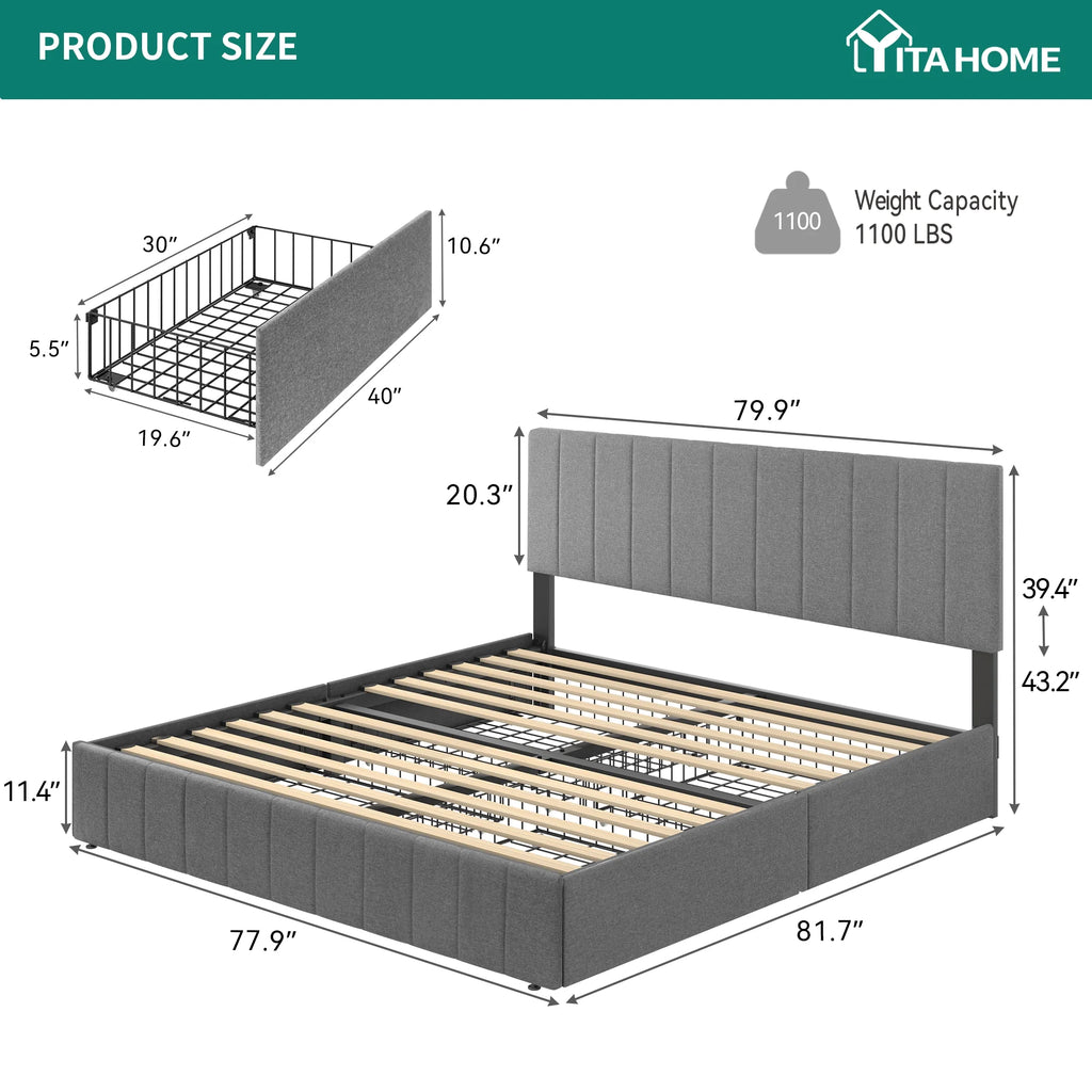 King Size Upholstered Bed Frame with 4 Storage Drawers D25656