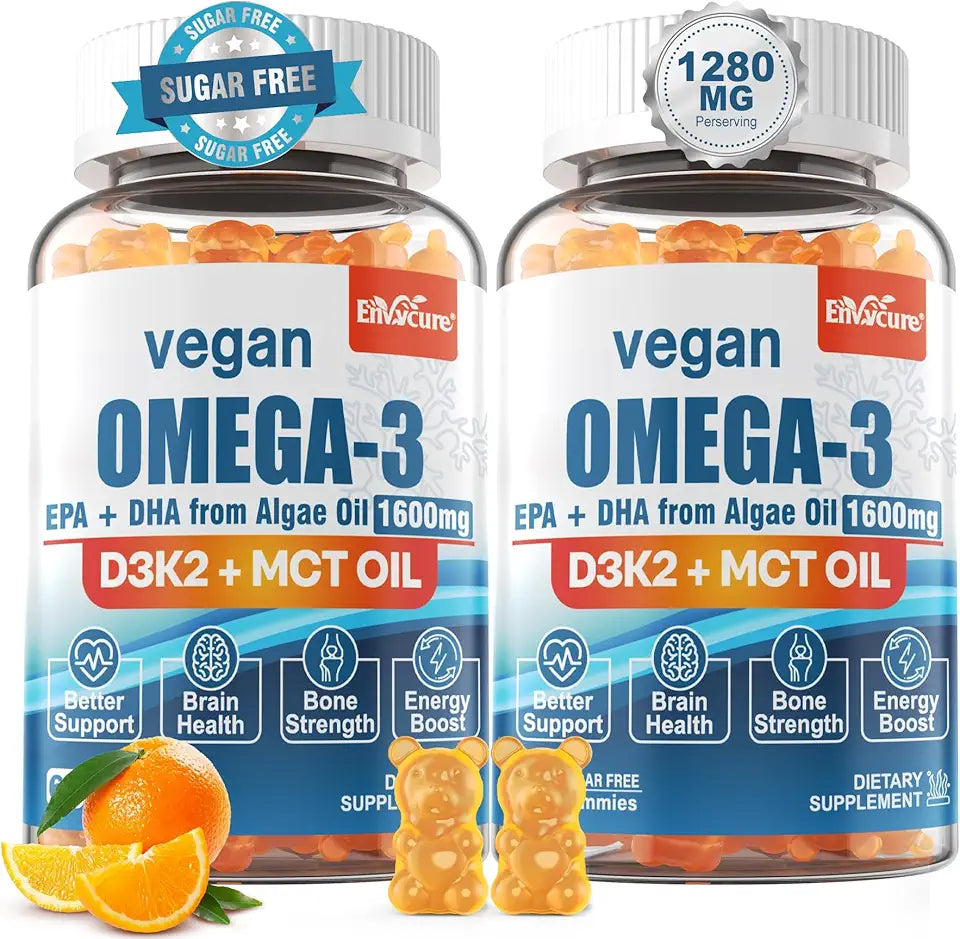Vegan Omega 3 Gummies 1280mg + Vitamin D3 K2, Algae EPA & DHA, Sugar Free, 2 Pack B642636