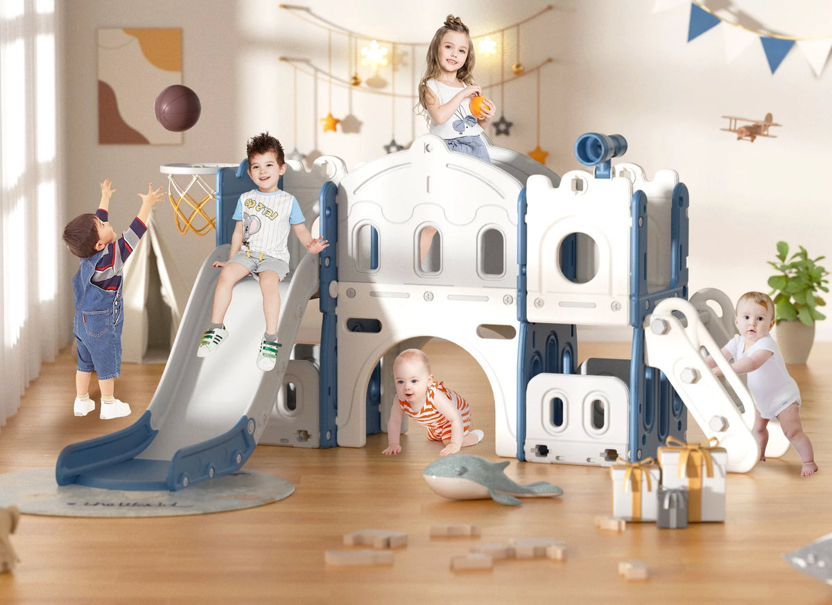 8 in 1 Toddler Slide with Climber, Basketball Hoop, Tunnel and Storage Space Q13256
