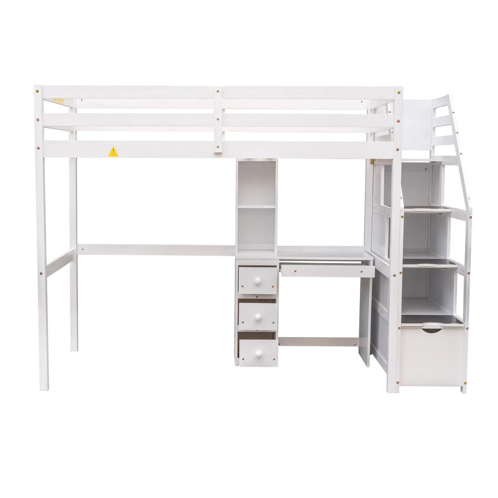 Wood Twin Bunk Loft Bed with Desk, Drawers and Shelf, White P382033