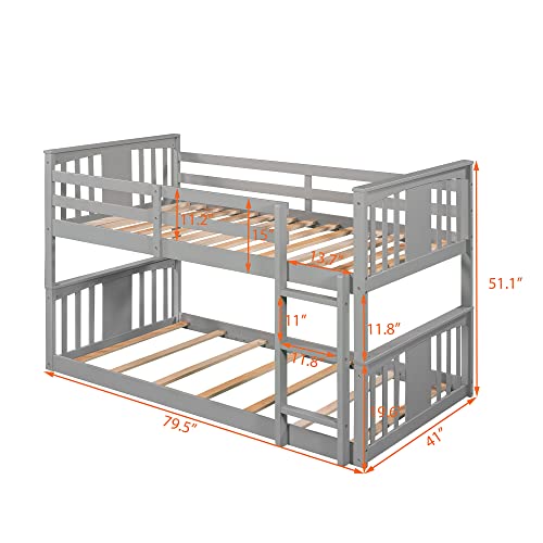 Gray Solid Wood Twin over Twin Bunk Bed with Ladder and Guard Rail V4730