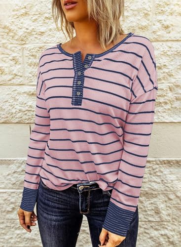Long Sleeve Striped Button Up Tunic Shirts Loose Fit Henley Tee Blouses T9190