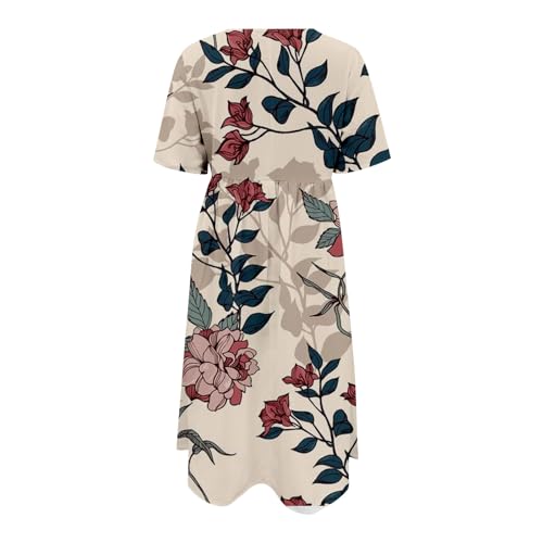 Women's Boho Floral Dress Summer Short Sleeve Flowy A Line Midi Dress Loose Casual with Pockets Y105