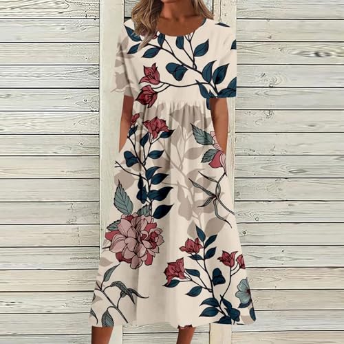 Women's Boho Floral Dress Summer Short Sleeve Flowy A Line Midi Dress Loose Casual with Pockets Y105