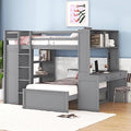 Twin Size Loft Bed with Built-in Desk & Wardrobes, Wood Bedframe with 4 Drawers & 4 Shelves, Gray I872030
