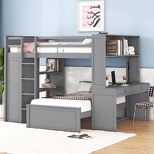 Twin Size Loft Bed with Built-in Desk & Wardrobes, Wood Bedframe with 4 Drawers & 4 Shelves, Gray I872030