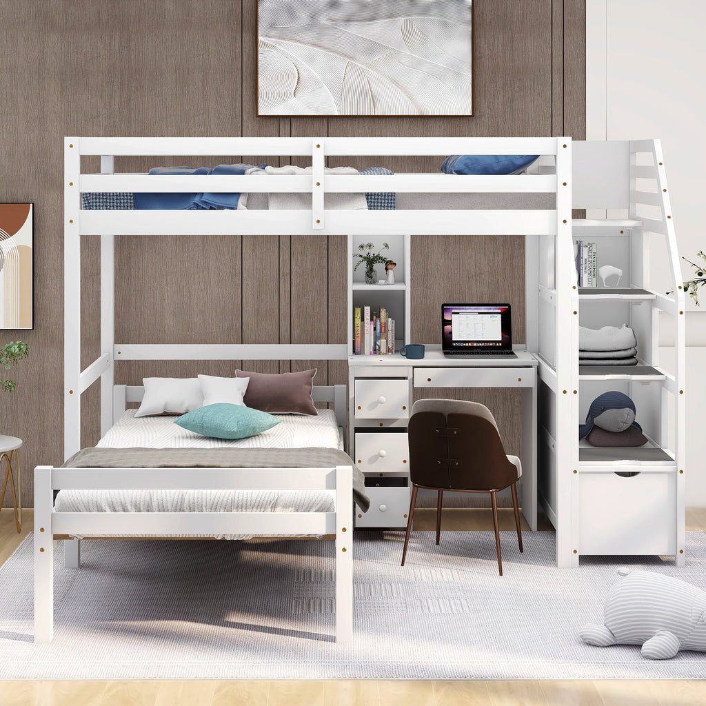 Wood Twin Bunk Loft Bed with Desk, Drawers and Shelf, White P382033