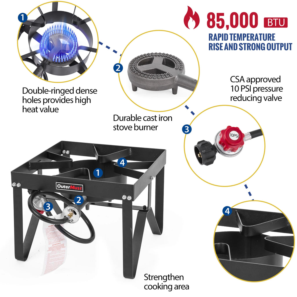 Outdoor Propane Burner Stove with 10 PSI Regulator and Cast Iron Braided Holes V361