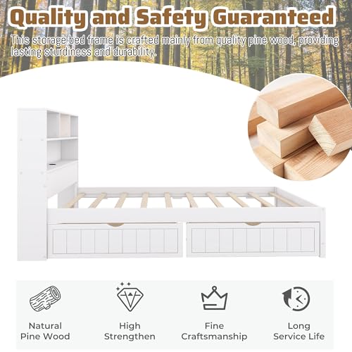 White Twin Size Platform Bed with Bookcase Headboard and 2 Storage Drawers G43032