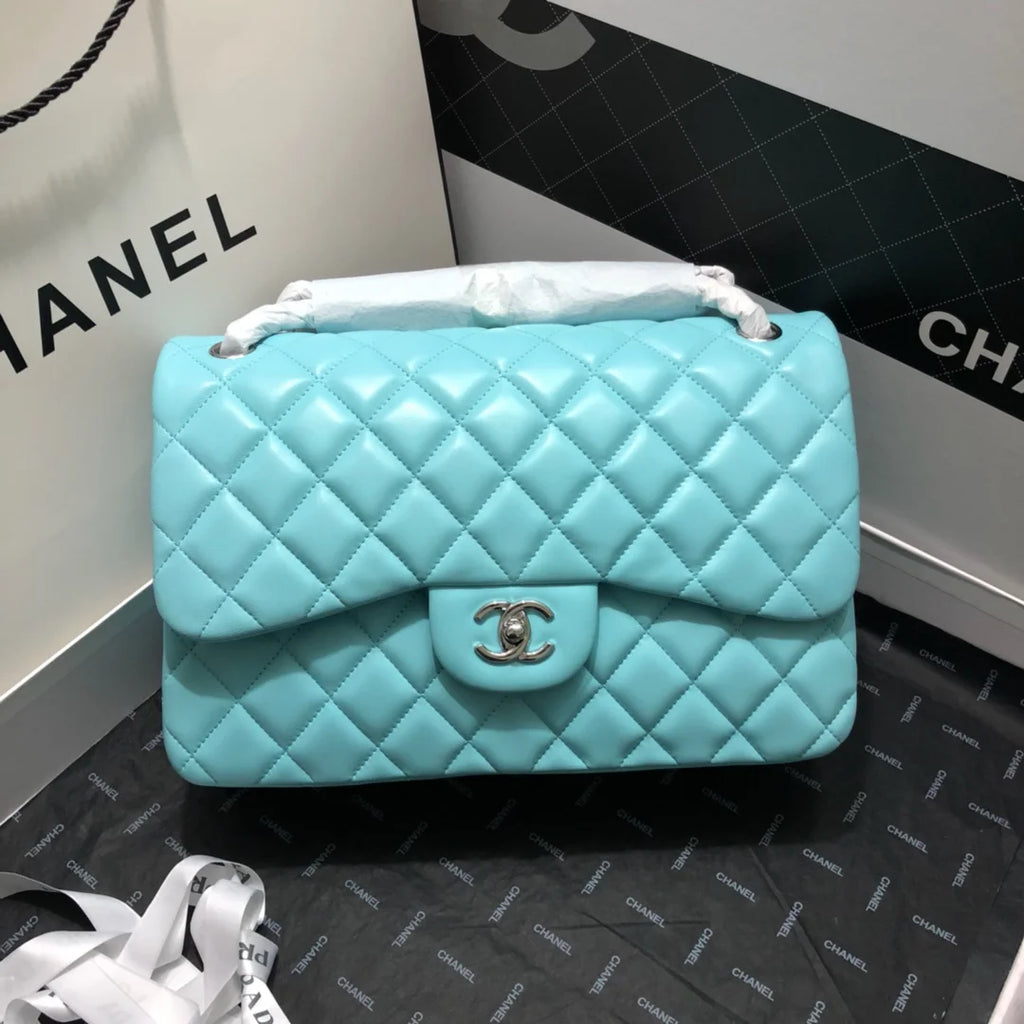 Large Classic Handbag Gold Hardware Blue 11.8in/30cm D873