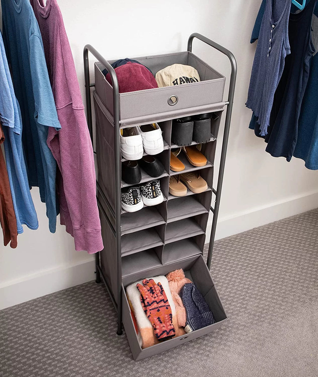 Grey 12 Cubby Vertical Shoe Rack Organizer with Drawer P5202