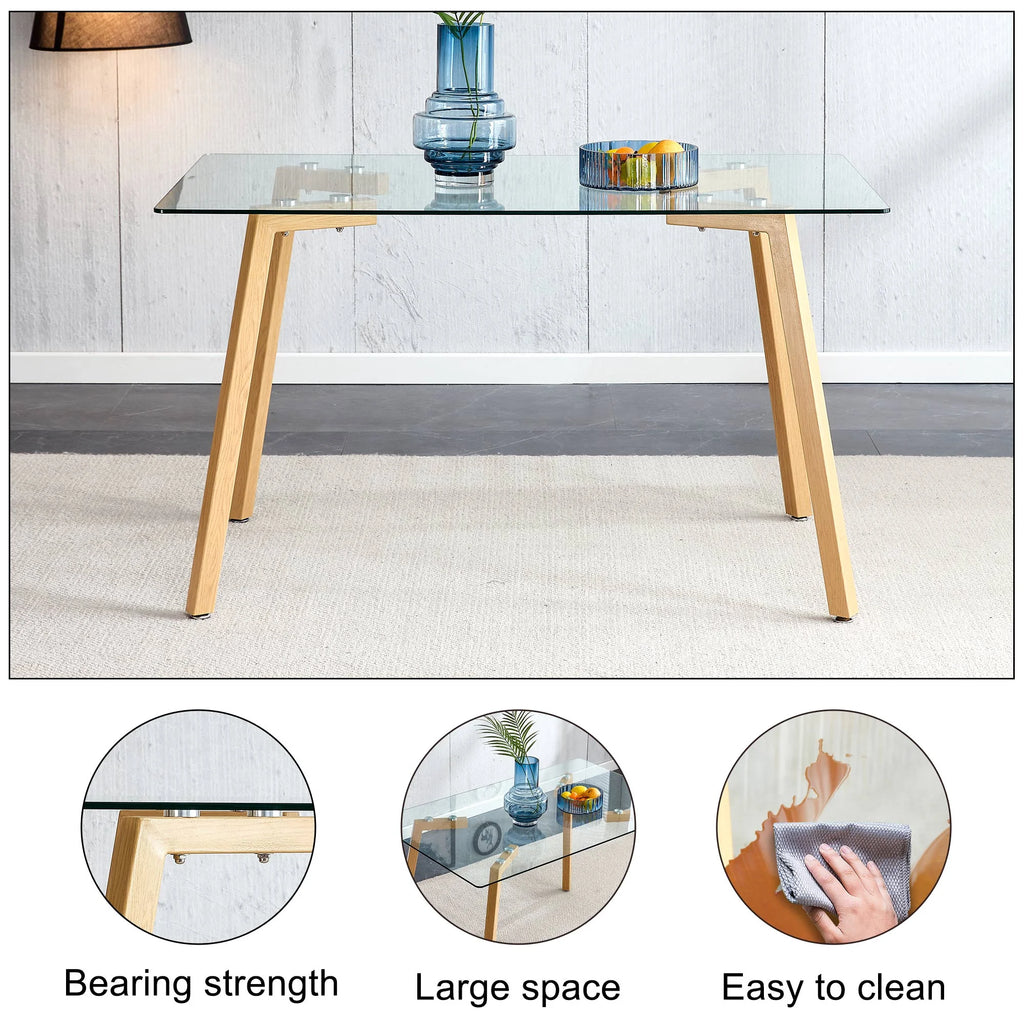 Glass Dining Table Modern Rectangular with Tempered Glass Tabletop and Black Metal Legs R739