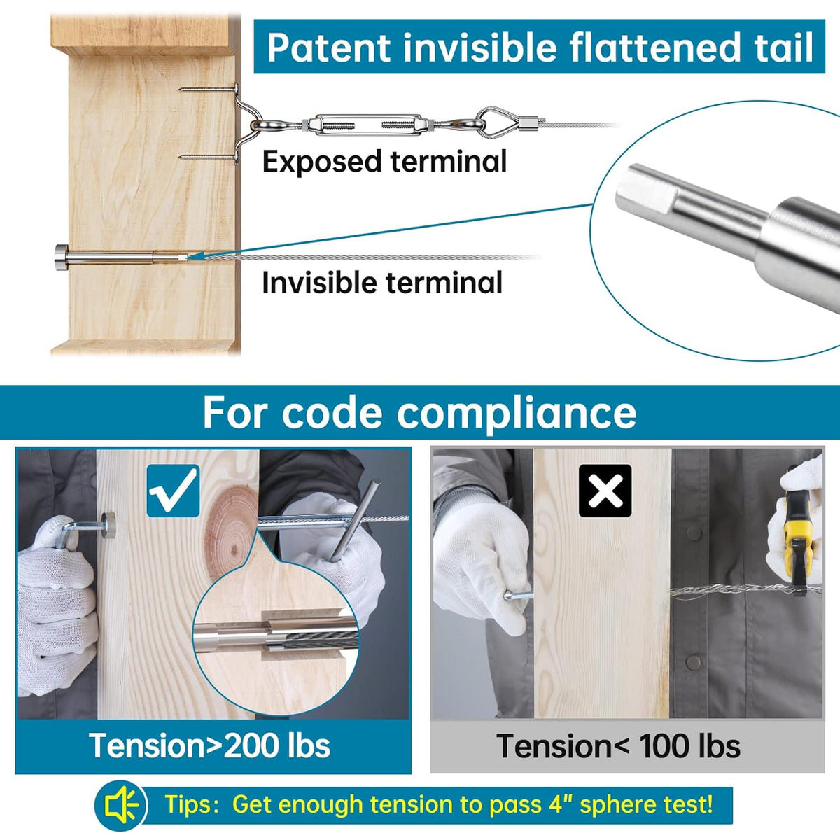 Invisible Cable Railing Kit 1/8" Swage Tensioner T316 Stainless Steel Z444517
