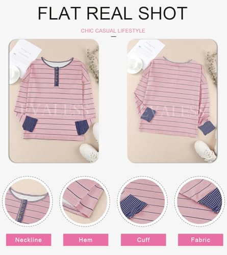 Long Sleeve Striped Button Up Tunic Shirts Loose Fit Henley Tee Blouses T9190