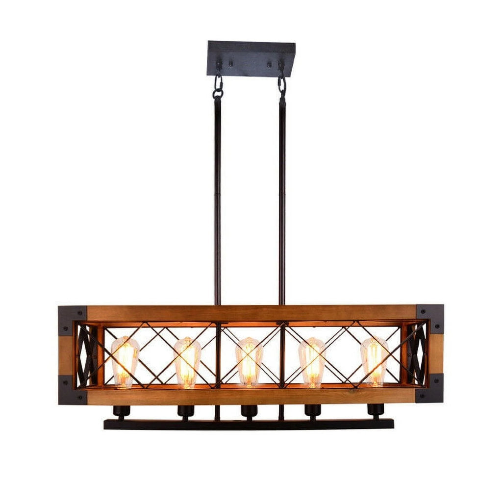 5-Lights Wooden Rectangle Pendant Light Fixture M1595