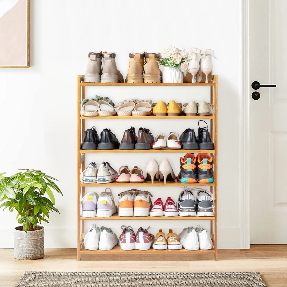 6 Tier Natural Wood Bamboo Shoe Rack D592