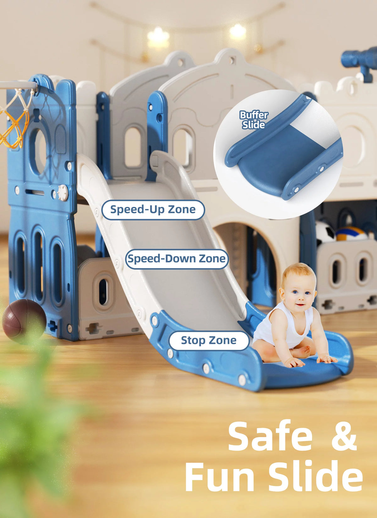 8 in 1 Toddler Slide with Climber, Basketball Hoop, Tunnel and Storage Space Q13256