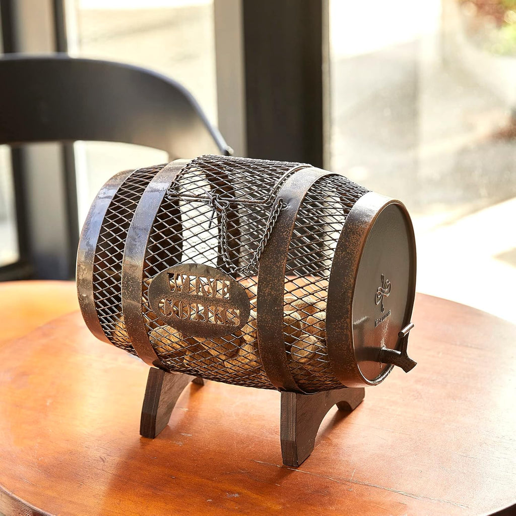 Rustic Metal Large Barrel Wine Cork Holder Display On Wooden Stand N2245
